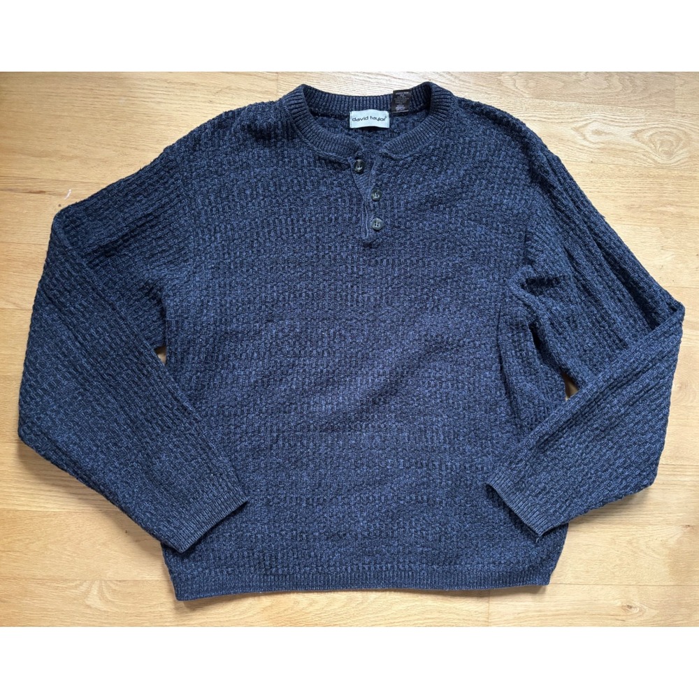 David Taylor Mens XL Blue Henley Sweater Textured‎ Waffle Knit Cozy Grandpacore